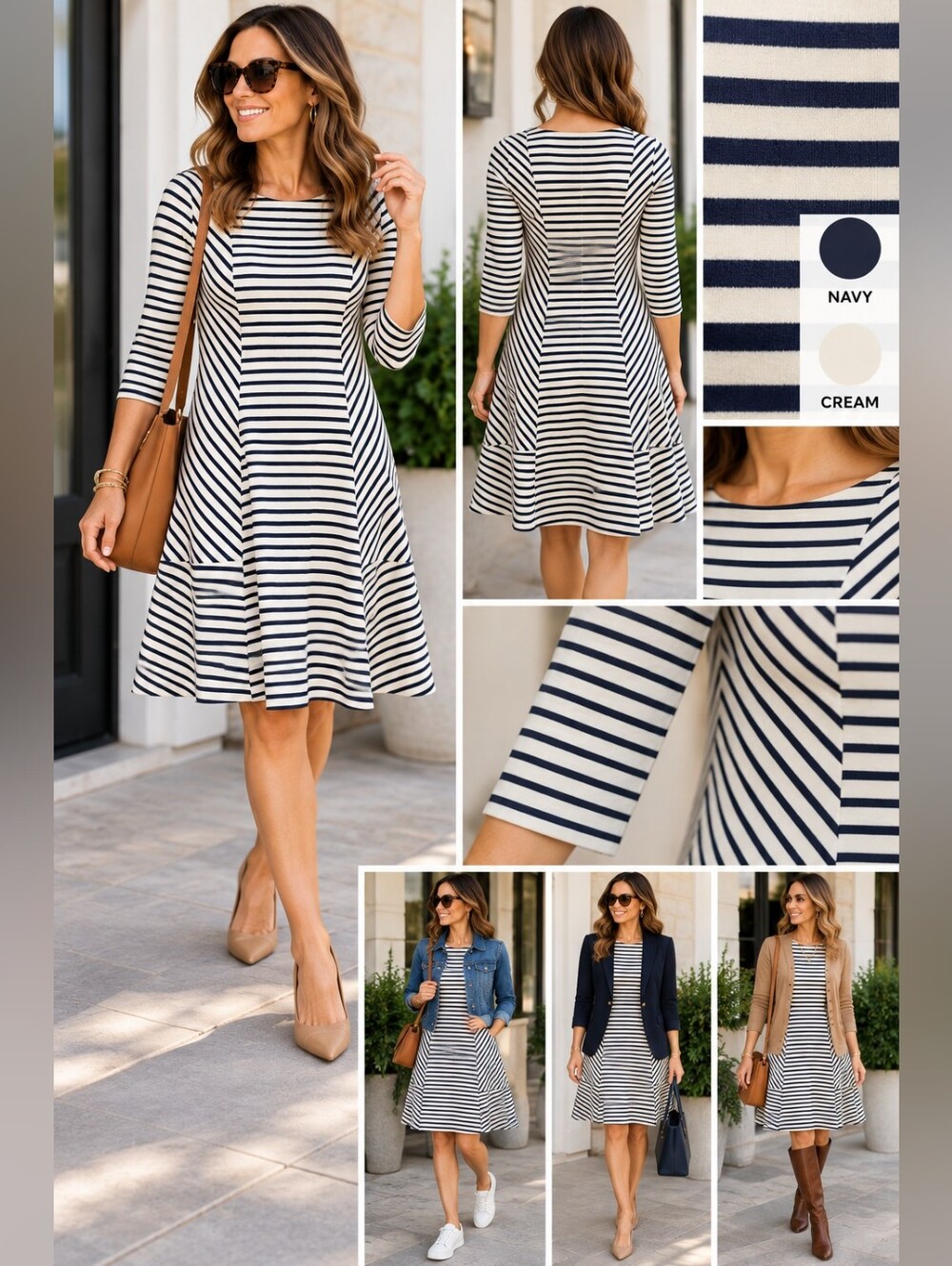 Lands’ End Women’s Small Petite Navy Ivory Striped Fit & Flare Dress 3/4 Sleeve